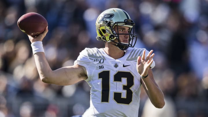 STATE COLLEGE, PA – OCTOBER 05: Jack Plummer #13 of the Purdue Boilermakers attempts a pass against the Penn State Nittany Lions during the second half at Beaver Stadium on October 5, 2019 in State College, Pennsylvania. (Photo by Scott Taetsch/Getty Images)