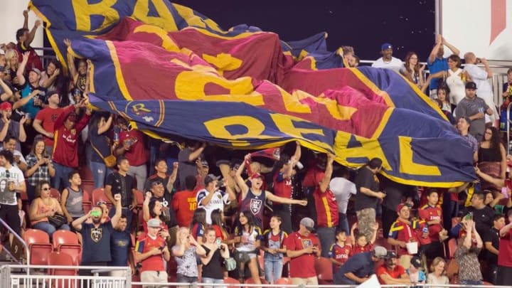 Jun 18, 2016; Sandy, UT, USA; Real Salt Lake fans react to a goal during the second half against the Portland Timbers at Rio Tinto Stadium. The match ended in a 2-2 draw. Mandatory Credit: Russ Isabella-USA TODAY Sports