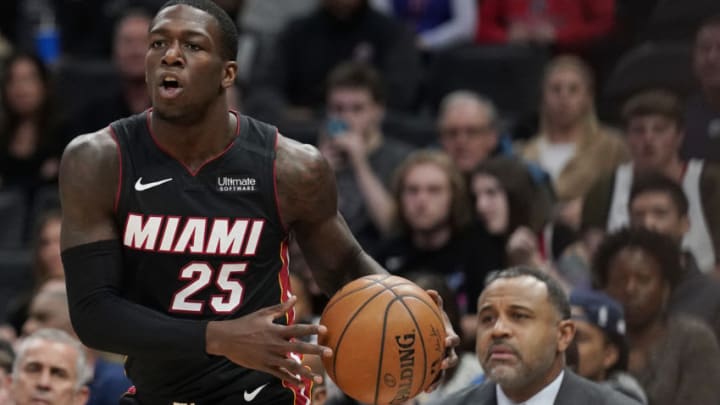 Kendrick Nunn #25 of the Miami Heat dribbles against the Washington Wizards in the first half. (Photo by Patrick McDermott/Getty Images)
