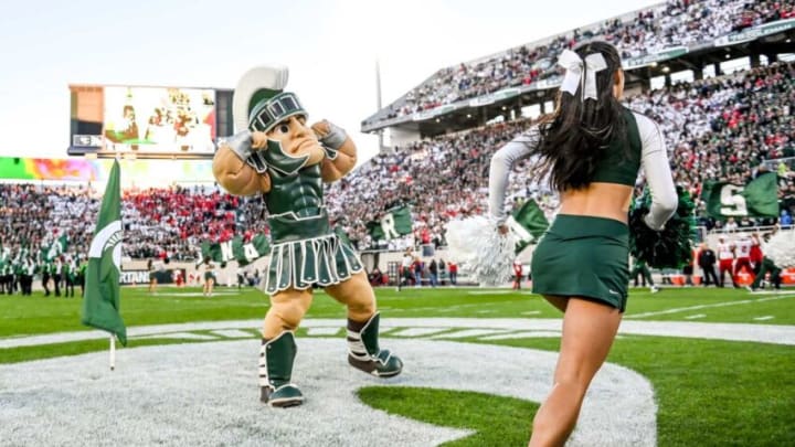 Sparty flexes at midfield before Michigan State's football game against Nebraska on Saturday, Sept. 25, 2021, at Spartan Stadium in East Lansing.210925 Msu Nebraska 067a