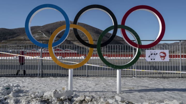 ZHANGJIAKOU, CHINA - JANUARY 03: The Olympic Rings are seen inside one of the Athletes Villages for the Beijing 2022 Winter Olympics before the area was closed on January 3, 2022 in Chongli county, Zhangjiakou, Hebei province, northern China. The area, which will host ski and snowboard events during the Winter Olympics and Paralympics was closed off to all tourists and visitors as of January 4, 2022 and will be part of the bubble due to the global coronavirus pandemic for athletes, journalists and officials taking part in the games. The Beijing 2022 Winter Olympics are set to open February 4th. (Photo by Kevin Frayer/Getty Images)