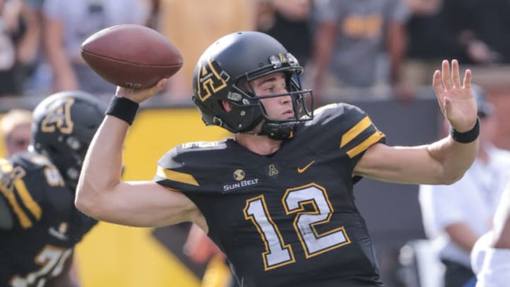 BOONE, NC - SEPTEMBER 29: Appalachian State Mountaineers quarterback Zac Thomas (12) goes back to pass during the South Alabama v Appalachian State game on Saturday, September 29, 2018 at Kidd Brewer Stadium, Boone, NC.(Photo by Bobby McDuffie/Icon Sportswire via Getty Images)