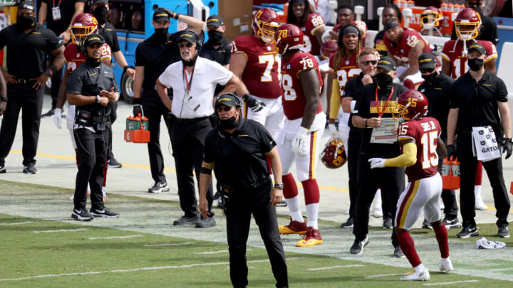 LANDOVER, MARYLAND – SEPTEMBER 13: Head coach Ron Rivera of the Washington Football Team reacts to a call against the Philadelphia Eagles in the second half at FedExField on September 13, 2020 in Landover, Maryland. (Photo by Rob Carr/Getty Images)