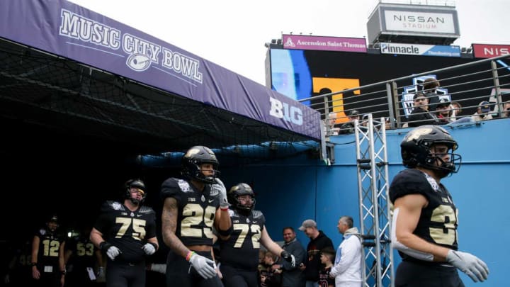 The Purdue Boilermakers take the field prior to the start of the Music City Bowl between the Purdue Boilermakers and Tennessee Volunteers, Thursday, Dec. 30, 2021, at Nissan Stadium in NashvillePfoot Vs Tennessee