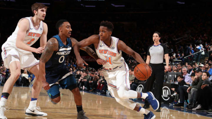 NEW YORK, NY - MARCH 23: Frank Ntilikina #11 of the New York Knicks handles the ball against the Minnesota Timberwolves on March 23, 2018 at Madison Square Garden in New York City, New York. Copyright 2018 NBAE (Photo by Nathaniel S. Butler/NBAE via Getty Images)