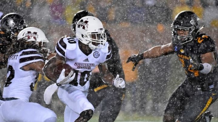 Nov 5, 2015; Columbia, MO, USA; Mississippi State Bulldogs running back Brandon Holloway (10) runs with the ball against the Missouri Tigers during the first half at Faurot Field. Mandatory Credit: Jasen Vinlove-USA TODAY Sports