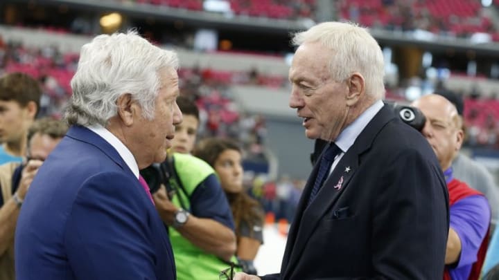 Oct 11, 2015; Arlington, TX, USA; Dallas Cowboys owner Jerry Jones talks with New England Patriots owner Robert Kraft prior to the game at AT&T Stadium. Mandatory Credit: Matthew Emmons-USA TODAY Sports