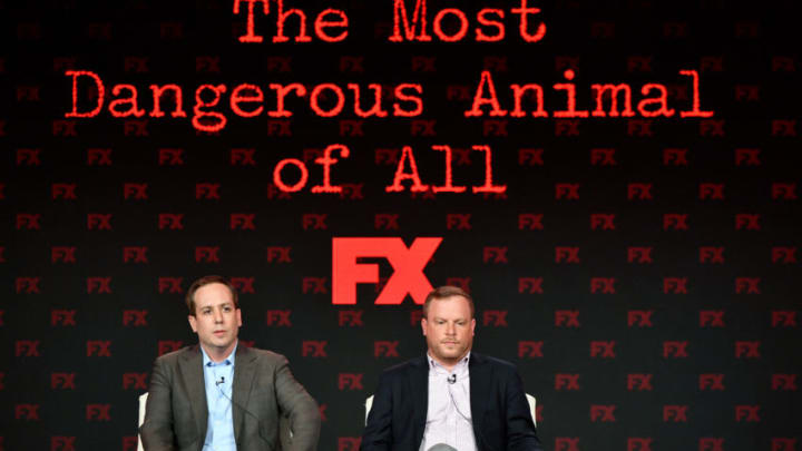 PASADENA, CALIFORNIA - JANUARY 09: (L-R) Kief Davidson and Ross M. Dinerstein of 'The Most Dangerous Animal of All' speak during the FX segment of the 2020 Winter TCA Tour at The Langham Huntington, Pasadena on January 09, 2020 in Pasadena, California. (Photo by Amy Sussman/Getty Images)