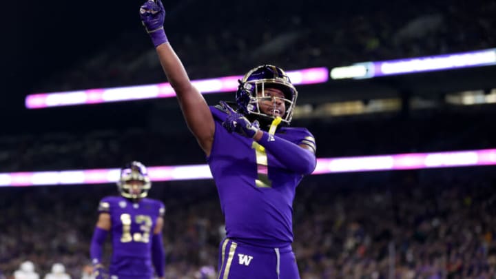 SEATTLE, WASHINGTON - OCTOBER 21: Jabbar Muhammad #1 of the Washington Huskies celebrates a stop against the Arizona State Sun Devils during the third quarter at Husky Stadium on October 21, 2023 in Seattle, Washington. (Photo by Steph Chambers/Getty Images)