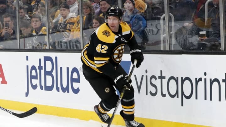 BOSTON, MA - DECEMBER 19: Boston Bruins center David Backes (42) looks to make a play during a game between the Boston Bruins and the New York islanders on December 19, 2019, at TD Garden in Boston, Massachusetts. (Photo by Fred Kfoury III/Icon Sportswire via Getty Images)
