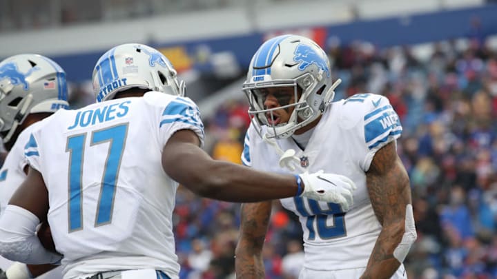 BUFFALO, NY - DECEMBER 16: Kenny Golladay #19 of the Detroit Lions celebrates after scoring a touchdown with Andy Jones #17 in the second quarter during NFL game against the Buffalo Bills at New Era Field on December 16, 2018 in Buffalo, New York. (Photo by Tom Szczerbowski/Getty Images)