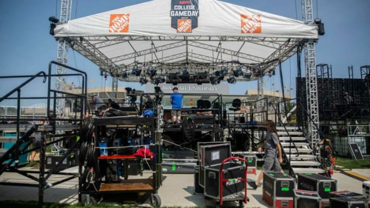 Crews set up stages, screens and scaffolding for ESPN’s “College GameDay” weekly football show, on Thursday, Sep. 9, 2021, outside of Jack Trice Stadium in Ames. The show will air live on Saturday morning.0909 Gameday 002 Jpg
