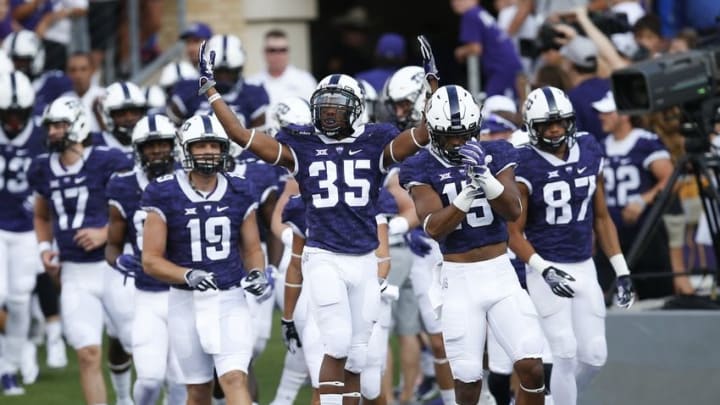 Sep 3, 2016; Fort Worth, TX, USA; The TCU Horned Frogs enter the field before an NCAA football game against the South Dakota State Jackrabbits at Amon G. Carter Stadium. Mandatory Credit: Jim Cowsert-USA TODAY Sports