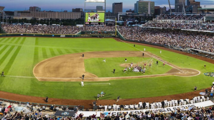 OMAHA, NE - JUNE 30: (EDITORS NOTES: This is a panoramic stitched from separate photos) The Mississippi State Bulldogs celebrate after defeating the Vanderbilt Commodores 9-0 in the 2021 NCAA Division I Men's Baseball Championship at TD Ameritrade Park on June 30 in Omaha, Nebraska. (Photo by Chris Gjevre/Blakeway World Panoramas/Getty Images)
