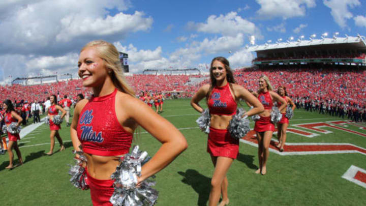 OXFORD, MS – SEPTEMBER 10: Cheerleaders of the Mississippi Rebels walk on the field before a game against the Wofford Terriers on September 10, 2016 at Vaught-Hemingway Stadium in Oxford, Mississippi. Mississippi defeated Wofford 38-13. (Photo by Joe Murphy/Getty Images) “n*** Local Caption ***