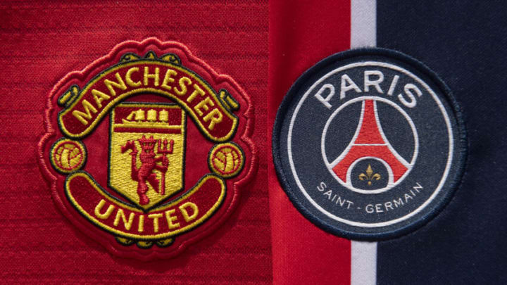 MANCHESTER, ENGLAND - NOVEMBER 25: The Manchester United and Paris Saint-Germain club badges on their home shirts on November 25, 2020 in Manchester, United Kingdom. (Photo by Visionhaus)