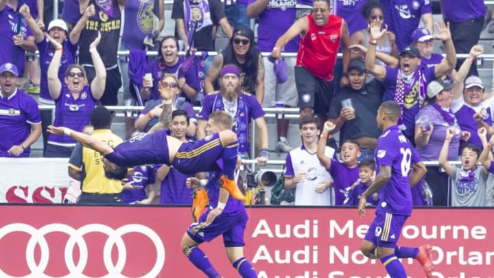ORLANDO, FL - APRIL 08: Orlando City forward Dom Dwyer (14) flips to celebrate the go ahead goal during the MLS soccer match between the Orlando City FC and the Portland Timbers at Orlando City SC on April 8, 2018 at Orlando City Stadium in Orlando, FL. (Photo by Andrew Bershaw/Icon Sportswire via Getty Images)