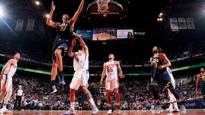 PHOENIX, AZ - OCTOBER 25: Rudy Gobert #27 of the Utah Jazz goes to the basket against the Phoenix Suns on October 25, 2017 at Talking Stick Resort Arena in Phoenix, Arizona. NOTE TO USER: User expressly acknowledges and agrees that, by downloading and or using this photograph, user is consenting to the terms and conditions of the Getty Images License Agreement. Mandatory Copyright Notice: Copyright 2017 NBAE (Photo by Barry Gossage/NBAE via Getty Images)