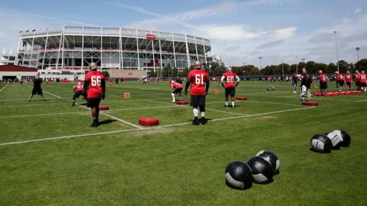 Jun 8, 2016; Santa Clara, CA, USA; San Francisco 49ers offensive line run drills during minicamp at the San Francisco 49ers Practice Facility. Mandatory Credit: Kelley L Cox-USA TODAY Sports