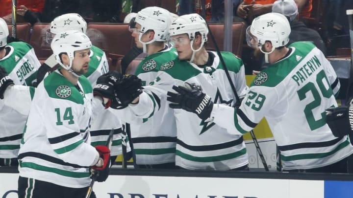 ANAHEIM, CA - APRIL 6: Jamie Benn #14 of the Dallas Stars celebrates his third-period goal with the bench during the game against the Anaheim Ducks at Honda Center on April 6, 2018 in Anaheim, California. (Photo by Debora Robinson/NHLI via Getty Images)