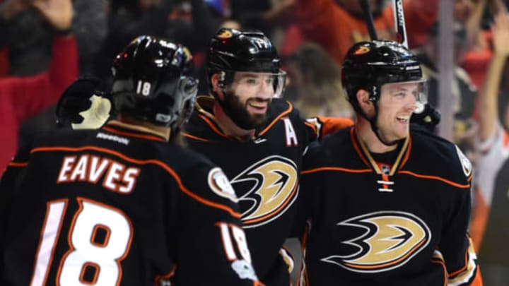 ANAHEIM, CA – March 26: Ryan Kesler #17 of the Anaheim Ducks celebrates his goal with Cam Fowler #4 and Patrick Eaves #18 to tie the game 2-2 with the New York Rangers during the first period at Honda Center on March 26, 2017, in Anaheim, California. (Photo by Harry How/Getty Images)