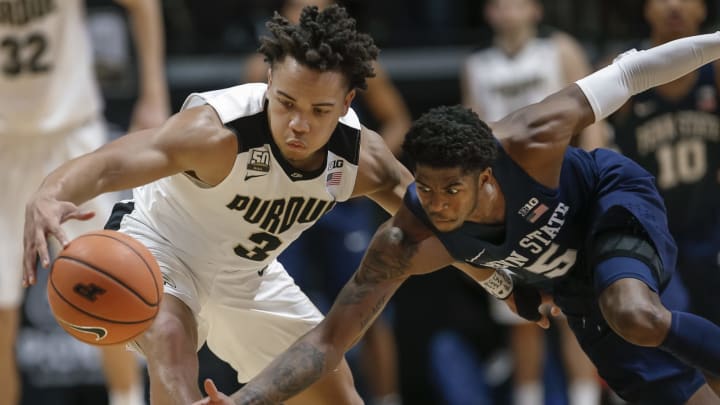 WEST LAFAYETTE, IN – FEBRUARY 18: Carsen Edwards #3 of the Purdue Boilermakers and Jamari Wheeler #5 of the Penn State Nittany Lions battle for the loose ball at Mackey Arena on February 18, 2018 in West Lafayette, Indiana. (Photo by Michael Hickey/Getty Images)