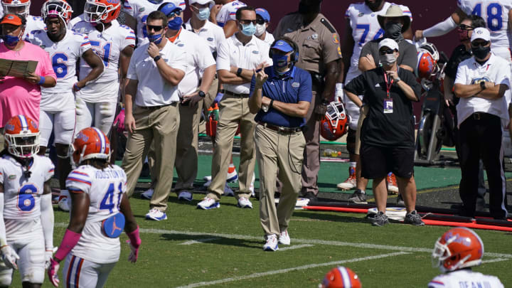 Oct 10, 2020; College Station, Texas, USA; Florida Gators head coach Dan Mullen calls a play during the second quarter against the Texas A&M Aggies at Kyle Field. Mandatory Credit: Scott Wachter-USA TODAY Sports