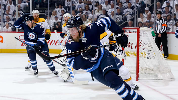 WINNIPEG, MB – MAY 1: Patrik Laine #29 of the Winnipeg Jets follows the play up the ice during first period action against the Nashville Predators in Game Three of the Western Conference Second Round during the 2018 NHL Stanley Cup Playoffs at the Bell MTS Place on May 1, 2018 in Winnipeg, Manitoba, Canada. The Jets defeated the Preds 7-4 and lead the series 2-1. (Photo by Jonathan Kozub/NHLI via Getty Images)