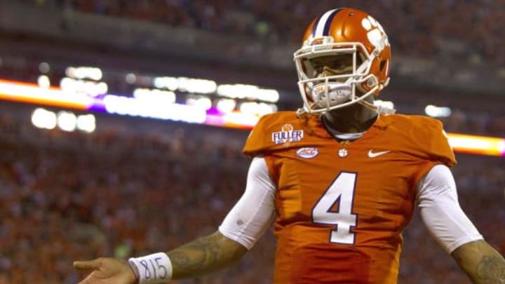 Nov 7, 2015; Clemson, SC, USA; Clemson Tigers quarterback Deshaun Watson (4) celebrates during the second half against the Florida State Seminoles at Clemson Memorial Stadium. Tigers won 23-13. Mandatory Credit: Joshua S. Kelly-USA TODAY Sports