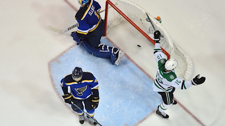 May 5, 2016; St. Louis, MO, USA; Dallas Stars left wing Patrick Sharp (10) celebrates after the game winning goal scored by Cody Eakin (not pictured) against St. Louis Blues goalie Brian Elliott (1) during the overtime period in game four of the second round of the 2016 Stanley Cup Playoffs at Scottrade Center. The Dallas Stars defeat the St. Louis Blues 3-2. Mandatory Credit: Jasen Vinlove-USA TODAY Sports