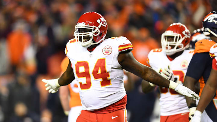 Nov 27, 2016; Denver, CO, USA; Kansas City Chiefs defensive tackle Jarvis Jenkins (94) reacts in a overtime period against the Denver Broncos at Sports Authority Field at Mile High. The Chiefs defeated the Broncos 30-27 in overtime. Mandatory Credit: Ron Chenoy-USA TODAY Sports