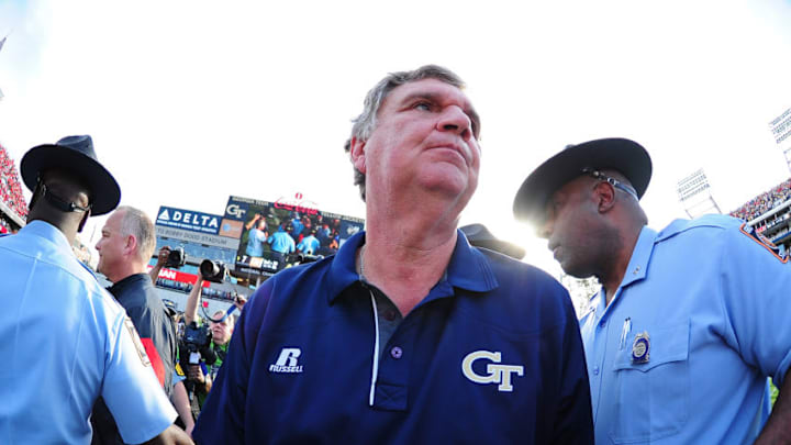 ATLANTA, GA - NOVEMBER 28: Head Coach Paul Johnson of the Georgia Tech Yellow Jackets walks away after congratulating Head Coach Mark Richt the Georgia Bulldogs (second from left) after the game at Bobby Dodd Stadium on November 28, 2015 in Atlanta, Georgia. (Photo by Scott Cunningham/Getty Images)