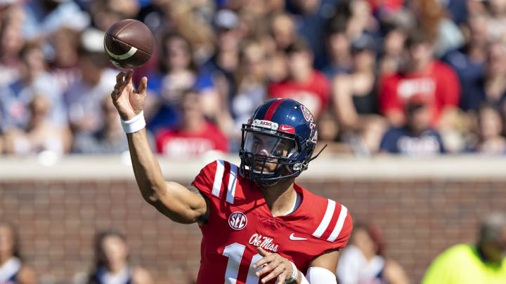 OXFORD, MS – SEPTEMBER 8: Jordan Ta’amu #10 of the Mississippi Rebels throws a pass against the Southern Illinois Salukis during the first half at Vaught-Hemingway Stadium on September 8, 2018 in Oxford, Mississippi. (Photo by Wesley Hitt/Getty Images)