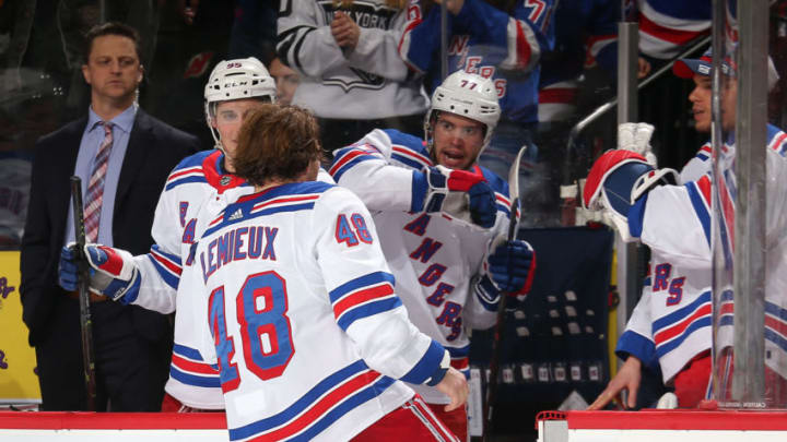 NEWARK, NJ - APRIL 01: Brendan Lemieux #48 of the New York Rangers exits the ice after fighting Miles Wood #44 of the New Jersey Devils (not pictured) during the second period at the Prudential Center on April 1, 2019 in Newark, New Jersey. (Photo by Andy Marlin/NHLI via Getty Images)