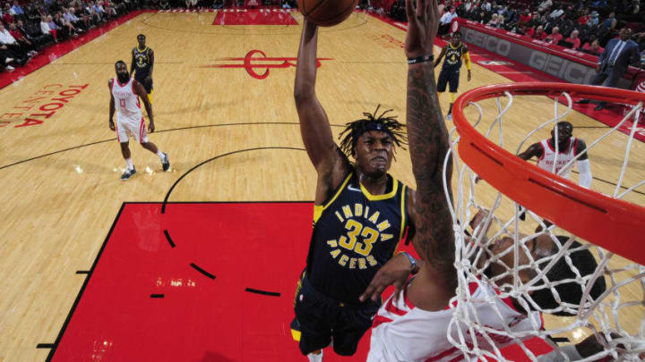 HOUSTON, TX - OCTOBER 4: Myles Turner #33 of the Indiana Pacers shoots the ball against the Houston Rockets during a pre-season game on October 4, 2018 at Toyota Center, in Houston, Texas. NOTE TO USER: User expressly acknowledges and agrees that, by downloading and/or using this Photograph, user is consenting to the terms and conditions of the Getty Images License Agreement. Mandatory Copyright Notice: Copyright 2018 NBAE (Photo by Bill Baptist/NBAE via Getty Images)