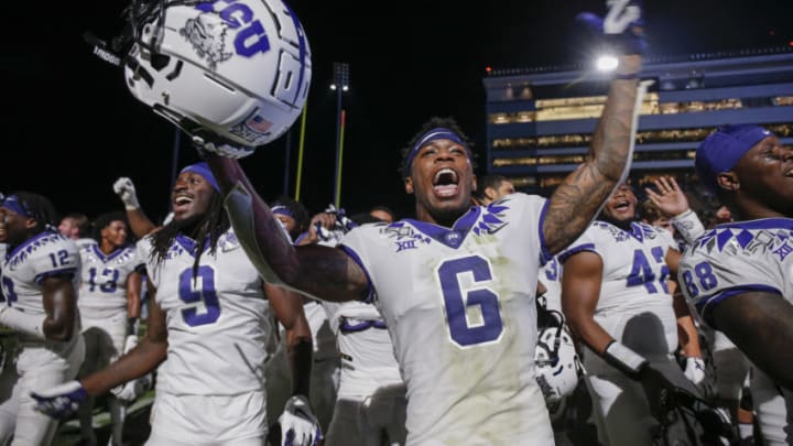 WEST LAFAYETTE, IN - SEPTEMBER 14: Innis Gaines #6 of the TCU Horned Frogs celebrates following the game against the Purdue Boilermakers at Ross-Ade Stadium on September 14, 2019 in West Lafayette, Indiana. (Photo by Michael Hickey/Getty Images)