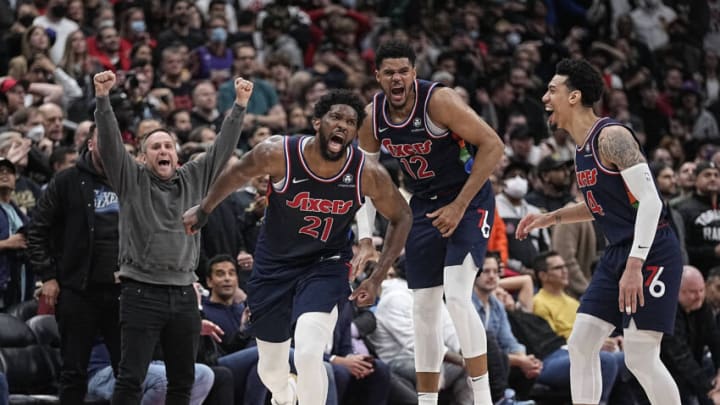 Joel Embiid, Tobias Harris, Danny Green, Sixers Mandatory Credit: John E. Sokolowski-USA TODAY Sports