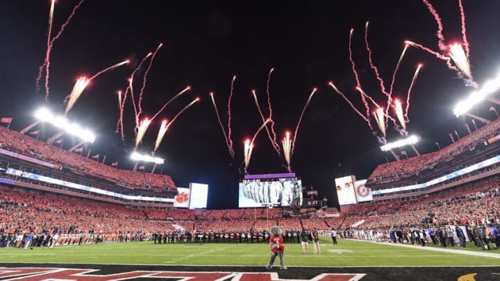 Jan 9, 2017; Tampa, FL, USA; View of pyrotechnics during the national anthem prior to the game between the Alabama Crimson Tide and the Clemson Tigers in the 2017 College Football Playoff National Championship Game at Raymond James Stadium. Mandatory Credit: John David Mercer-USA TODAY Sports