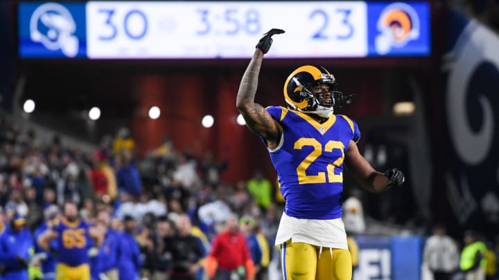 LOS ANGELES, CA – DECEMBER 16: Cornerback Marcus Peters #22 of the Los Angeles Rams urges on the crowd during the fourth quarter against the Philadelphia Eagles at Los Angeles Memorial Coliseum on December 16, 2018 in Los Angeles, California. (Photo by Harry How/Getty Images)