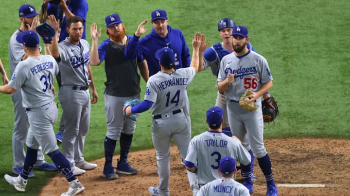 ARLINGTON, TEXAS - OCTOBER 14: The Los Angeles Dodgers celebrate their 15-3 victory against the Atlanta Braves in Game Three of the National League Championship Series at Globe Life Field on October 14, 2020 in Arlington, Texas. (Photo by Ron Jenkins/Getty Images)