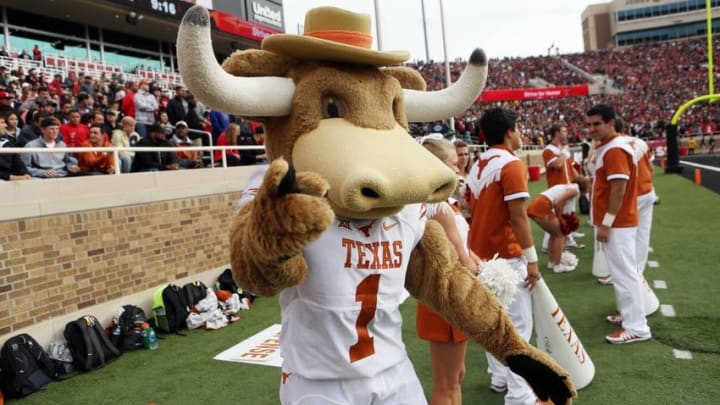 Nov 5, 2016; Lubbock, TX, USA; The University of Texas Longhorns mascot reacts on the sidelines during the game with the Texas Tech Red Raiders at Jones AT&T Stadium. Mandatory Credit: Michael C. Johnson-USA TODAY Sports