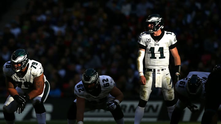 LONDON, ENGLAND - OCTOBER 28: Carson Wentz of the Eagles during the NFL International Series match between Philadelphia Eagles and Jacksonville Jaguars at Wembley Stadium on October 28, 2018 in London, England. (Photo by Alex Pantling/Getty Images)