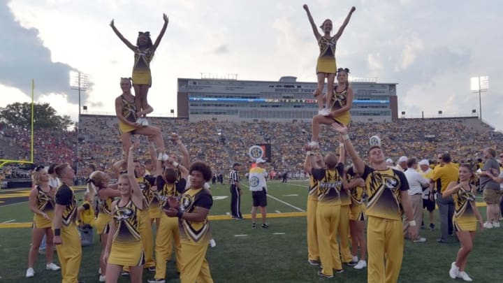 Sep 5, 2015; Columbia, MO, USA; Missouri Tigers cheerleader entertain the fans during the second half against the Southeast Missouri State Redhawks at Faurot Field. Missouri won 34-3. Mandatory Credit: Denny Medley-USA TODAY Sports