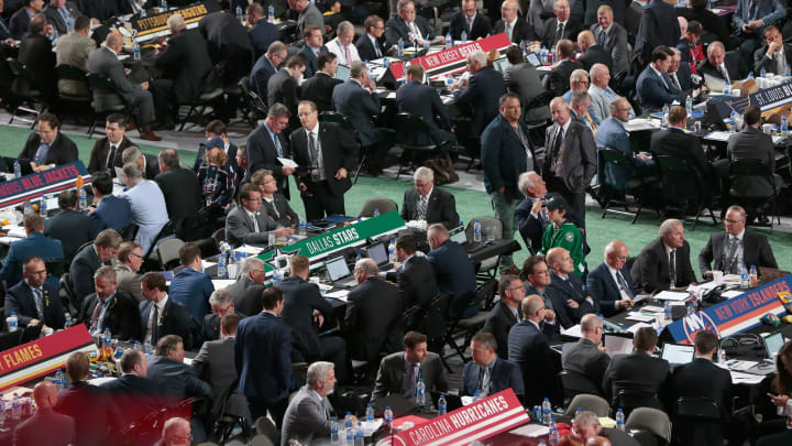 DALLAS, TX – JUNE 23: n overhead view of the draft floor during day two of the 2018 NHL Draft at American Airlines Center on June 23, 2018 in Dallas, Texas. (Photo by Glenn James/NHLI via Getty Images)