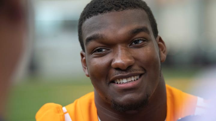 Tennessee offensive lineman Jerome Carvin answers questions at football media day in Knoxville, Tenn. on Sunday, July 31, 2022.Kns Alice Bar