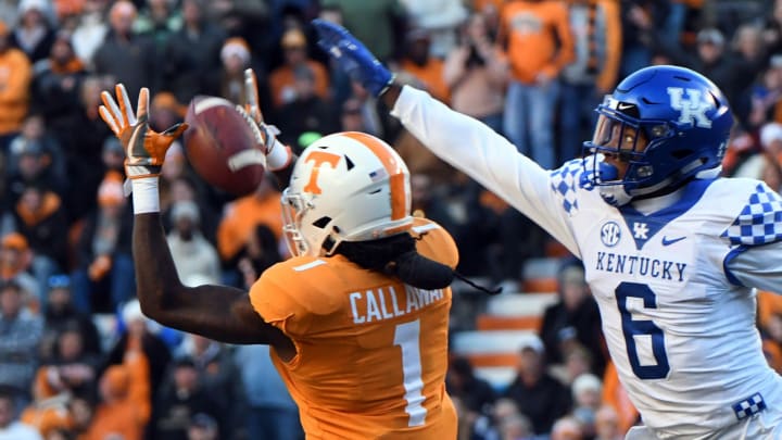 An incomplete pass intended for Tennessee wide receiver Marquez Callaway (1) while defended by Kentucky cornerback Lonnie Johnson Jr. (6) during first half action in the Kentucky game Saturday, November 10, 2018 at Neyland Stadium in Knoxville, Tenn.Ut Ky 18