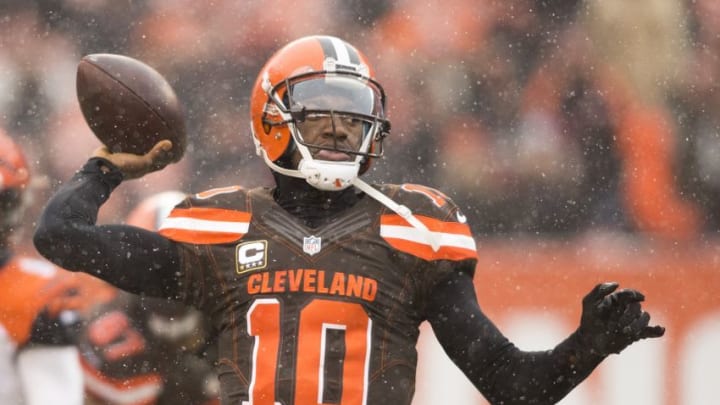 Dec 11, 2016; Cleveland, OH, USA; Cleveland Browns quarterback Robert Griffin III (10) completes a pass during the second quarter against the Cincinnati Bengals at FirstEnergy Stadium. Mandatory Credit: Scott R. Galvin-USA TODAY Sports