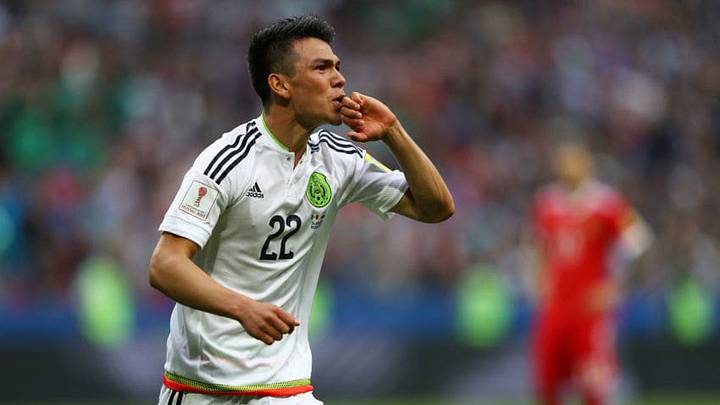 KAZAN, RUSSIA - JUNE 24: Hirving Lozano of Mexico celebrates scoring his sides second goal during the FIFA Confederations Cup Russia 2017 Group A match between Mexico and Russia at Kazan Arena on June 24, 2017 in Kazan, Russia. (Photo by Ian Walton/Getty Images)