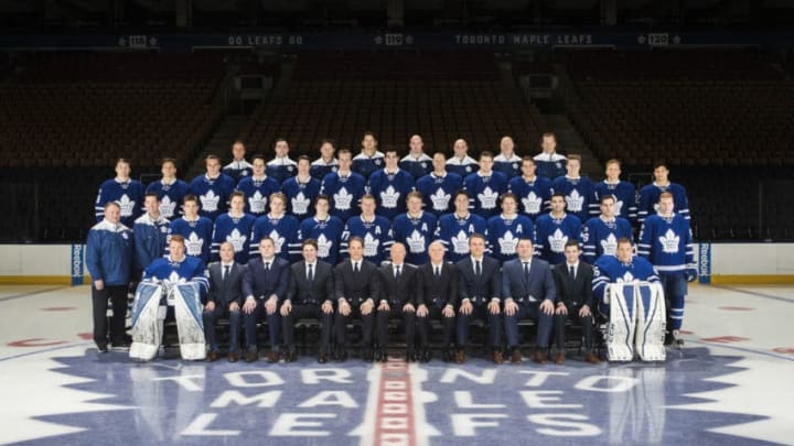 TORONTO, ON - APRIL 25: (EDITORS NOTE: This image has been altered at the request of the Toronto Maple Leafs.) The Toronto Maple Leafs pose for their official 2016-2017 team photo at the Air Canada Centre on April 25, 2017 in Toronto, Ontario, Canada. (Photo by Mark Blinch/NHLI via Getty Images)
