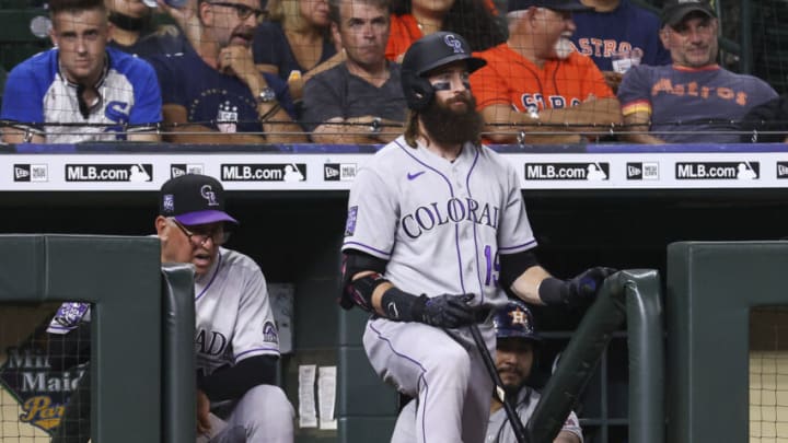 Aug 10, 2021; Houston, Texas, USA; Colorado Rockies manager Bud Black (10) and right fielder Charlie Blackmon (19) look on from the dugout during the eighth inning against the Houston Astros at Minute Maid Park. Mandatory Credit: Troy Taormina-USA TODAY Sports